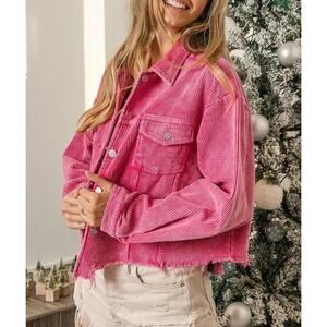 POL Oversized Corduroy Raw Hem Jacket Shacket Pink Small